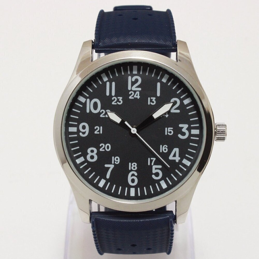 Men's Quartz Field Watch Silver Tone Case Blue Tropical Rubber Strap 42mm - Picture 6 of 12